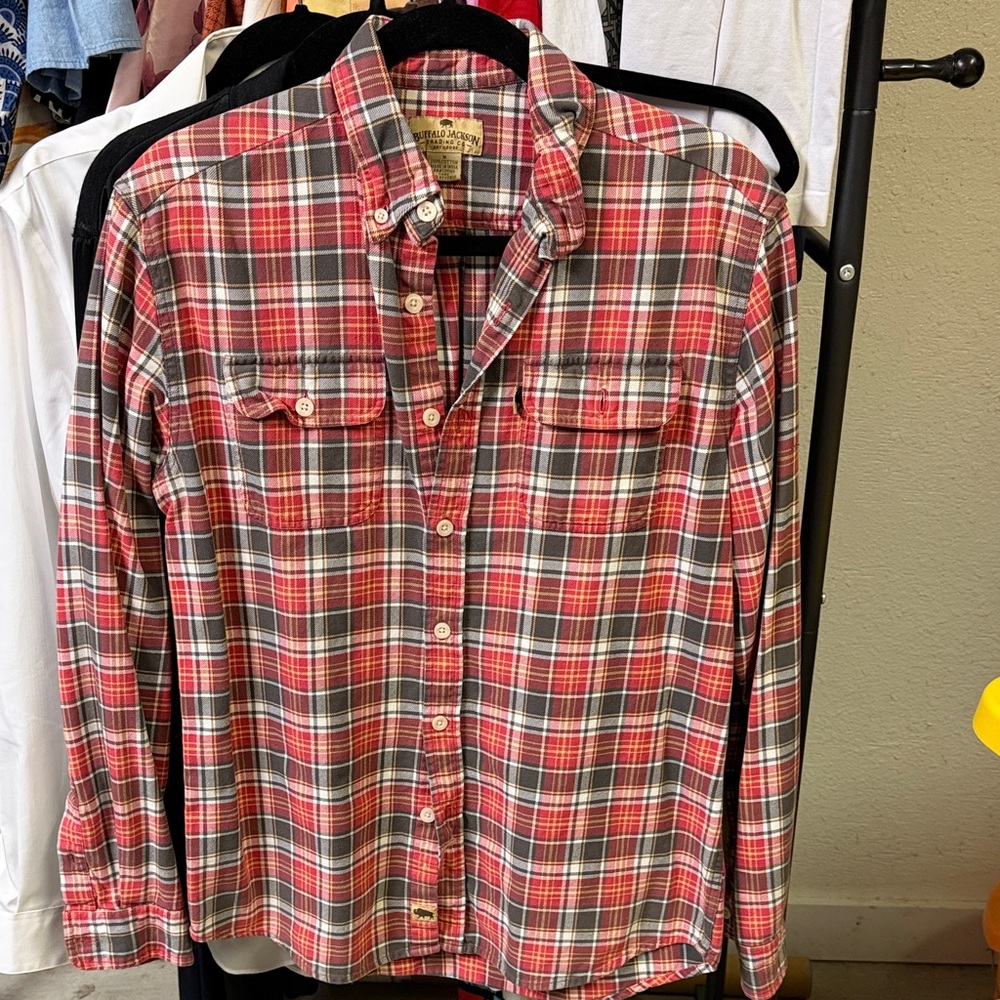 Men's Plaid Button-Down  Buffalo 🦬 Jackson Shirt in Red and Gray